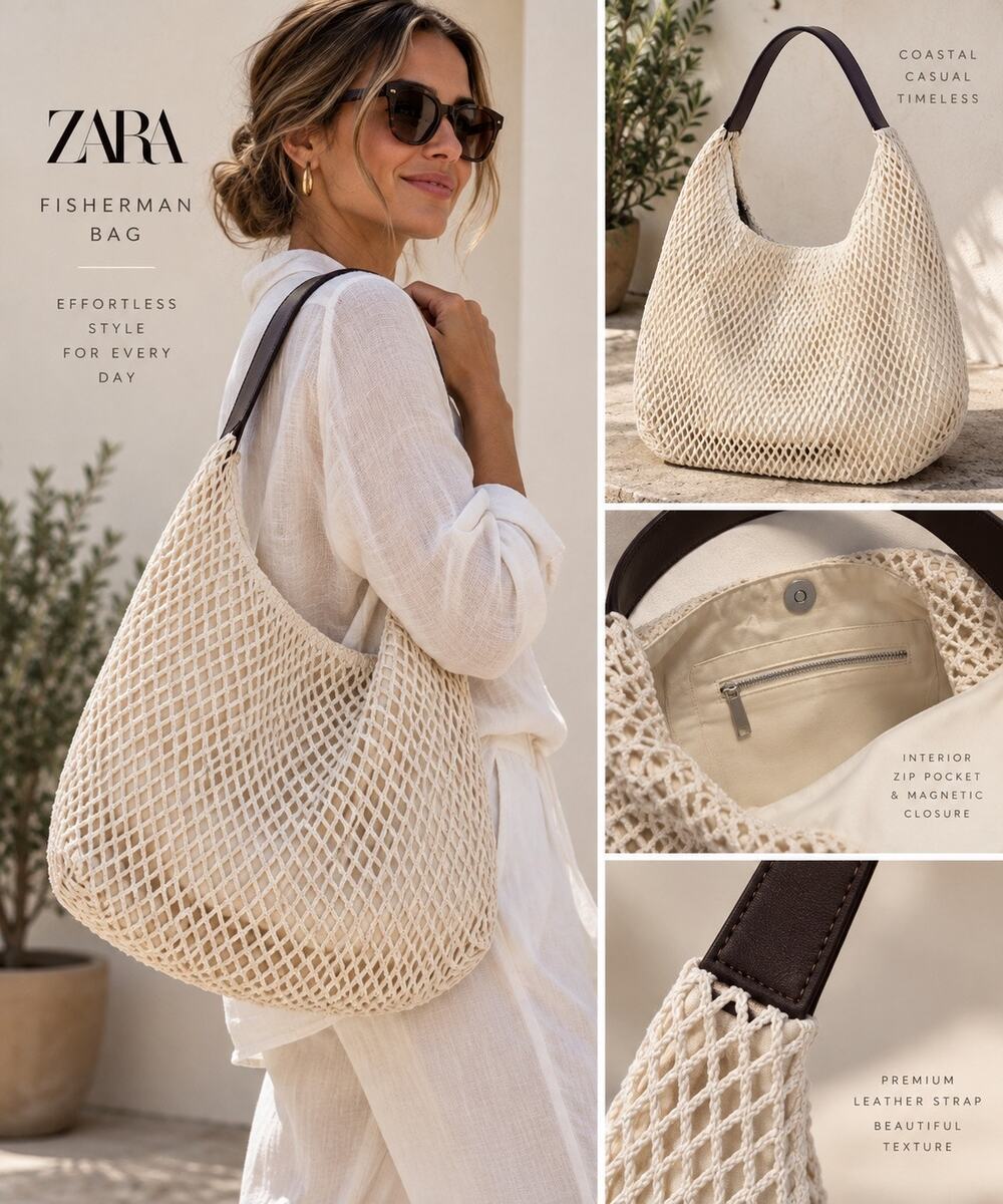 Zara Cream Fisherman Net Hobo Bag Brown Leather Strap Coastal